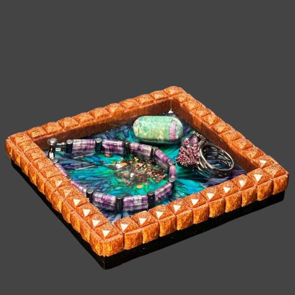 Dark Bloom with Copper Crystal Gem Edge Trinket Dish | Ring Dish - Picture 2 of 3